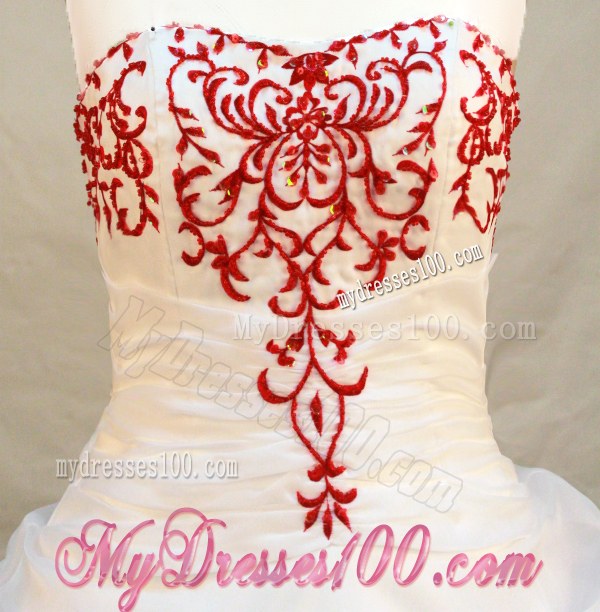 Red Embroidery Sweetheart Ruching White Quinceanera Party Dress